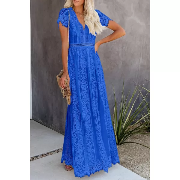 imagePRETTYGARDEN Womens Floral Lace Maxi Dress 2023 Short Sleeve V Neck Bridesmaid Wedding Evening Party DressesBrilliant Blue