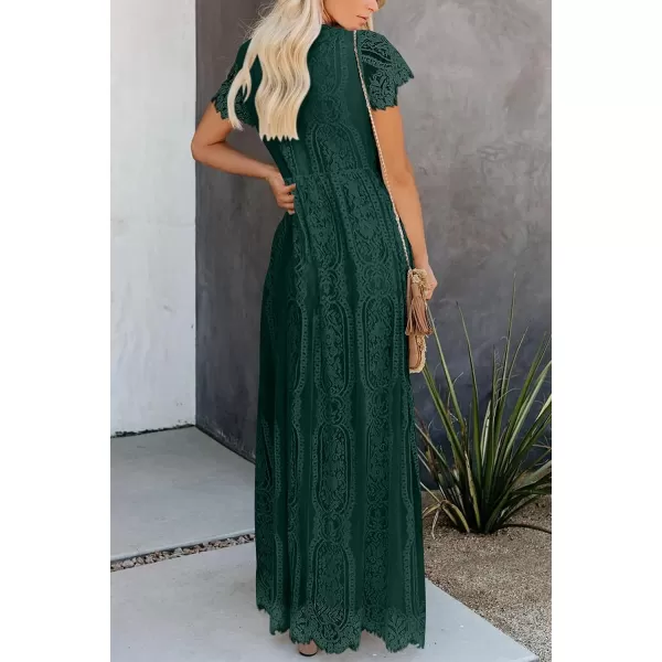 imagePRETTYGARDEN Womens Floral Lace Maxi Dress 2023 Short Sleeve V Neck Bridesmaid Wedding Evening Party DressesDark Green