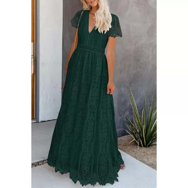 imagePRETTYGARDEN Womens Floral Lace Maxi Dress 2023 Short Sleeve V Neck Bridesmaid Wedding Evening Party DressesDark Green