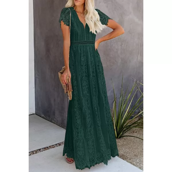 imagePRETTYGARDEN Womens Floral Lace Maxi Dress 2023 Short Sleeve V Neck Bridesmaid Wedding Evening Party DressesDark Green