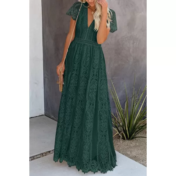 imagePRETTYGARDEN Womens Floral Lace Maxi Dress 2023 Short Sleeve V Neck Bridesmaid Wedding Evening Party DressesDark Green