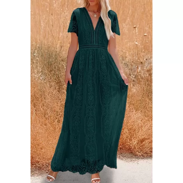 imagePRETTYGARDEN Womens Floral Lace Maxi Dress 2023 Short Sleeve V Neck Bridesmaid Wedding Evening Party DressesDark Green