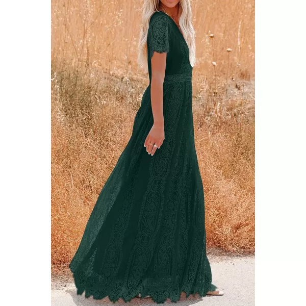imagePRETTYGARDEN Womens Floral Lace Maxi Dress 2023 Short Sleeve V Neck Bridesmaid Wedding Evening Party DressesDark Green