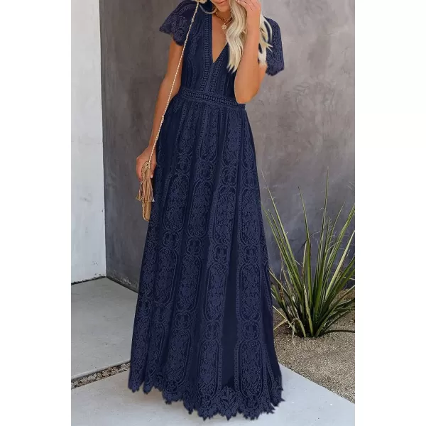 imagePRETTYGARDEN Womens Floral Lace Maxi Dress 2023 Short Sleeve V Neck Bridesmaid Wedding Evening Party DressesDark Royal Blue