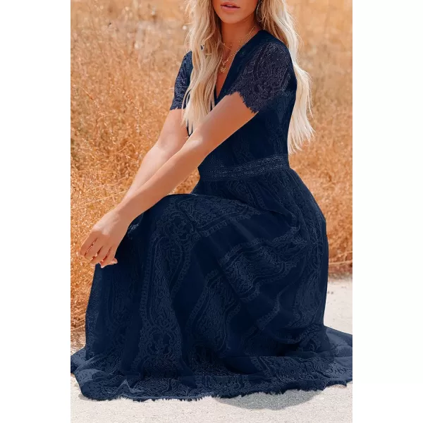imagePRETTYGARDEN Womens Floral Lace Maxi Dress 2023 Short Sleeve V Neck Bridesmaid Wedding Evening Party DressesDark Royal Blue