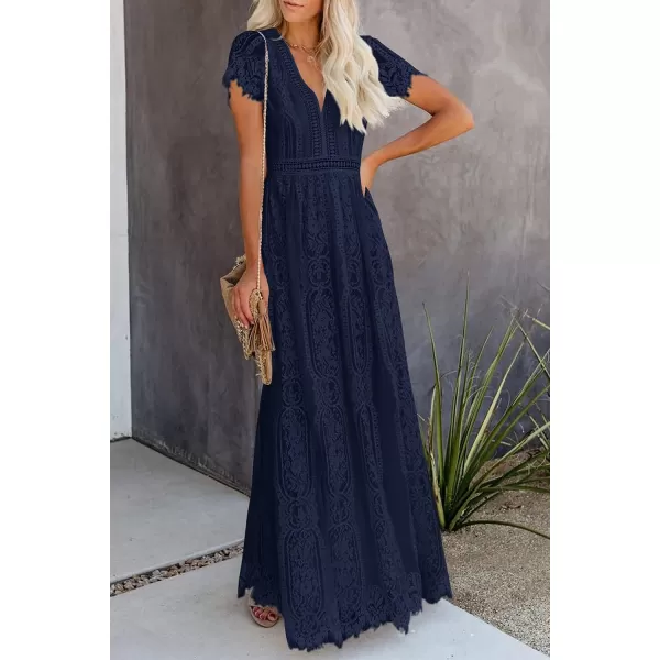 imagePRETTYGARDEN Womens Floral Lace Maxi Dress 2023 Short Sleeve V Neck Bridesmaid Wedding Evening Party DressesDark Royal Blue