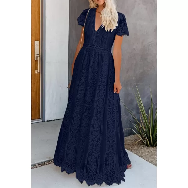 imagePRETTYGARDEN Womens Floral Lace Maxi Dress 2023 Short Sleeve V Neck Bridesmaid Wedding Evening Party DressesDark Royal Blue