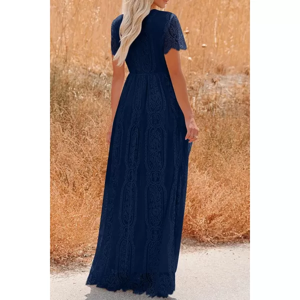 imagePRETTYGARDEN Womens Floral Lace Maxi Dress 2023 Short Sleeve V Neck Bridesmaid Wedding Evening Party DressesDark Royal Blue
