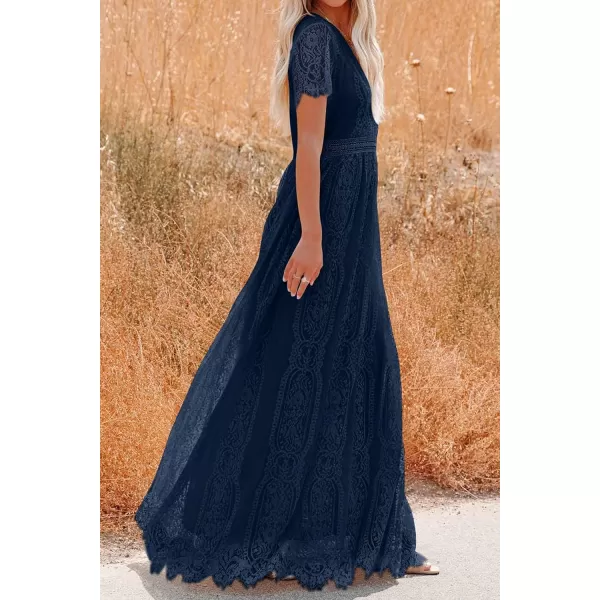 imagePRETTYGARDEN Womens Floral Lace Maxi Dress 2023 Short Sleeve V Neck Bridesmaid Wedding Evening Party DressesDark Royal Blue