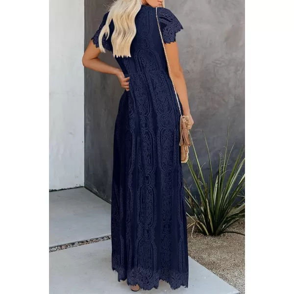 imagePRETTYGARDEN Womens Floral Lace Maxi Dress 2023 Short Sleeve V Neck Bridesmaid Wedding Evening Party DressesDark Royal Blue