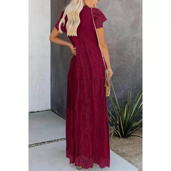 imagePRETTYGARDEN Womens Floral Lace Maxi Dress 2023 Short Sleeve V Neck Bridesmaid Wedding Evening Party DressesDark Wine Red