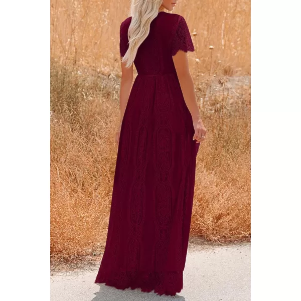 imagePRETTYGARDEN Womens Floral Lace Maxi Dress 2023 Short Sleeve V Neck Bridesmaid Wedding Evening Party DressesDark Wine Red