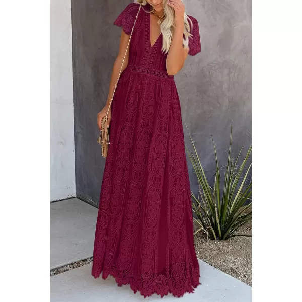 imagePRETTYGARDEN Womens Floral Lace Maxi Dress 2023 Short Sleeve V Neck Bridesmaid Wedding Evening Party DressesDark Wine Red