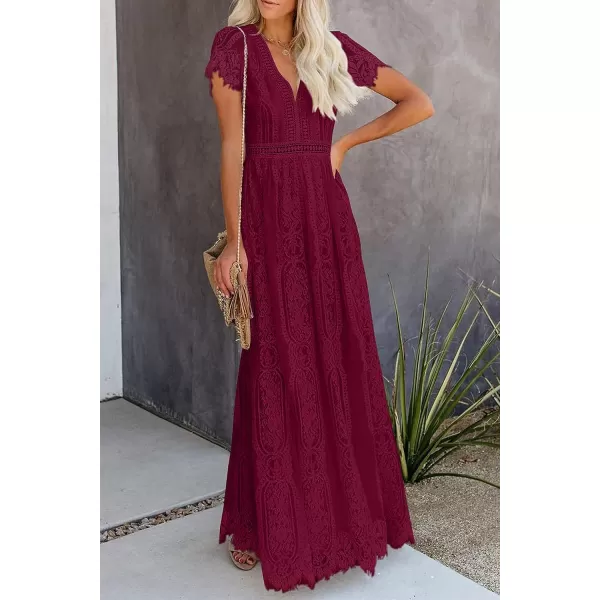imagePRETTYGARDEN Womens Floral Lace Maxi Dress 2023 Short Sleeve V Neck Bridesmaid Wedding Evening Party DressesDark Wine Red