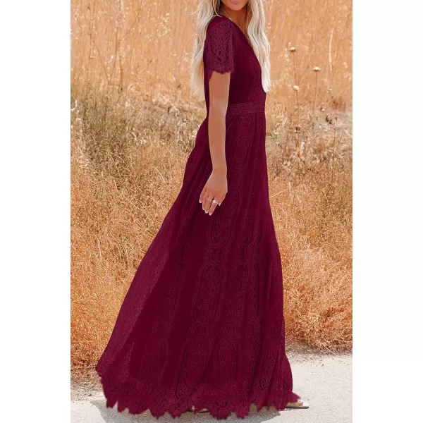 imagePRETTYGARDEN Womens Floral Lace Maxi Dress 2023 Short Sleeve V Neck Bridesmaid Wedding Evening Party DressesDark Wine Red