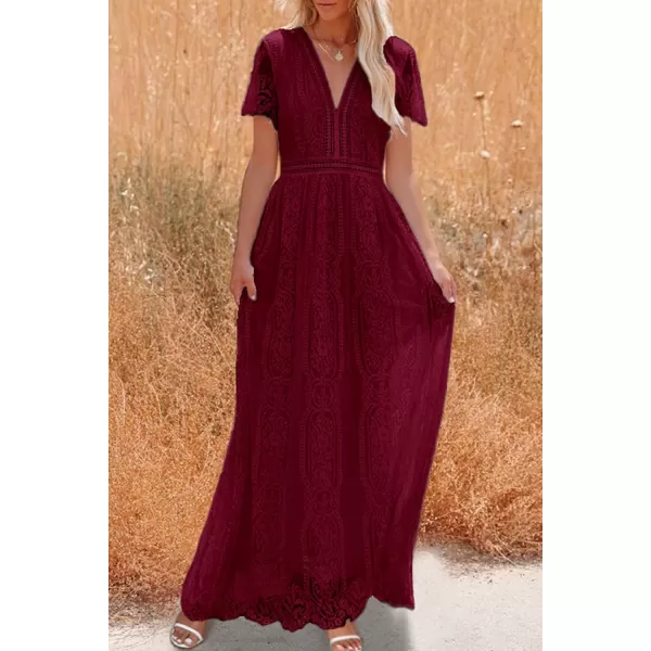 imagePRETTYGARDEN Womens Floral Lace Maxi Dress 2023 Short Sleeve V Neck Bridesmaid Wedding Evening Party DressesDark Wine Red