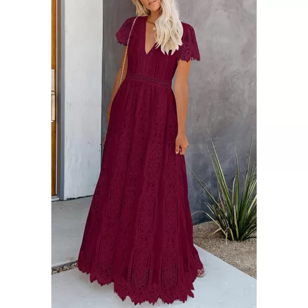 imagePRETTYGARDEN Womens Floral Lace Maxi Dress 2023 Short Sleeve V Neck Bridesmaid Wedding Evening Party DressesDark Wine Red