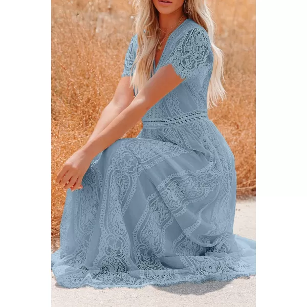 imagePRETTYGARDEN Womens Floral Lace Maxi Dress 2023 Short Sleeve V Neck Bridesmaid Wedding Evening Party DressesGrey Blue