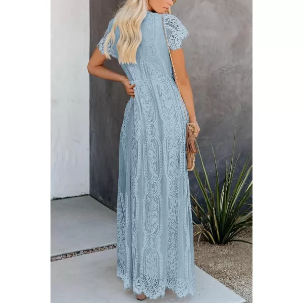 imagePRETTYGARDEN Womens Floral Lace Maxi Dress 2023 Short Sleeve V Neck Bridesmaid Wedding Evening Party DressesGrey Blue