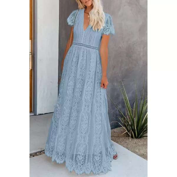 imagePRETTYGARDEN Womens Floral Lace Maxi Dress 2023 Short Sleeve V Neck Bridesmaid Wedding Evening Party DressesGrey Blue