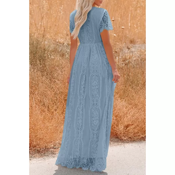 imagePRETTYGARDEN Womens Floral Lace Maxi Dress 2023 Short Sleeve V Neck Bridesmaid Wedding Evening Party DressesGrey Blue