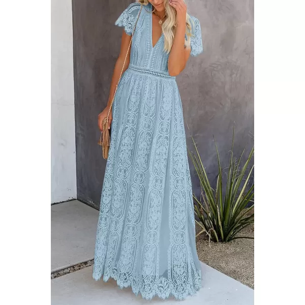 imagePRETTYGARDEN Womens Floral Lace Maxi Dress 2023 Short Sleeve V Neck Bridesmaid Wedding Evening Party DressesGrey Blue