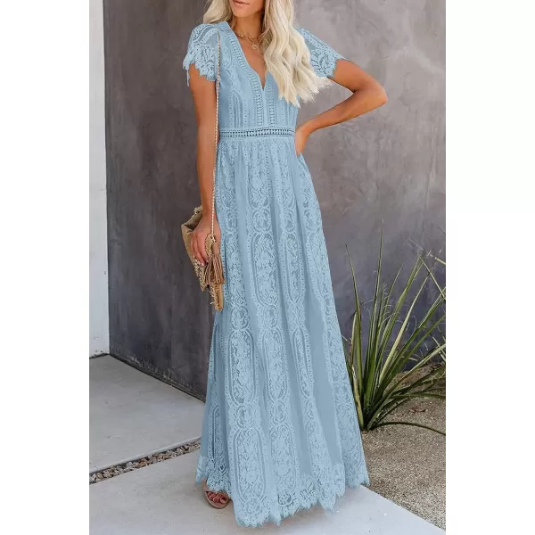 imagePRETTYGARDEN Womens Floral Lace Maxi Dress 2023 Short Sleeve V Neck Bridesmaid Wedding Evening Party DressesGrey Blue