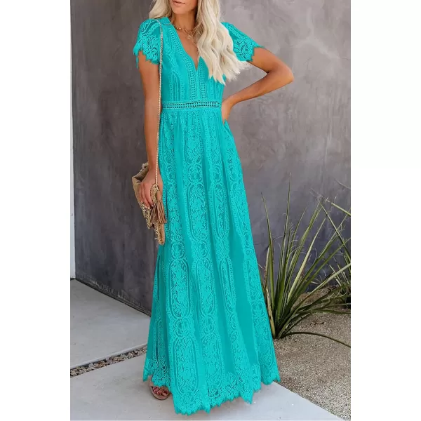 imagePRETTYGARDEN Womens Floral Lace Maxi Dress 2023 Short Sleeve V Neck Bridesmaid Wedding Evening Party DressesLake Blue