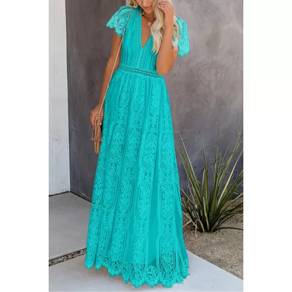 imagePRETTYGARDEN Womens Floral Lace Maxi Dress 2023 Short Sleeve V Neck Bridesmaid Wedding Evening Party DressesLake Blue