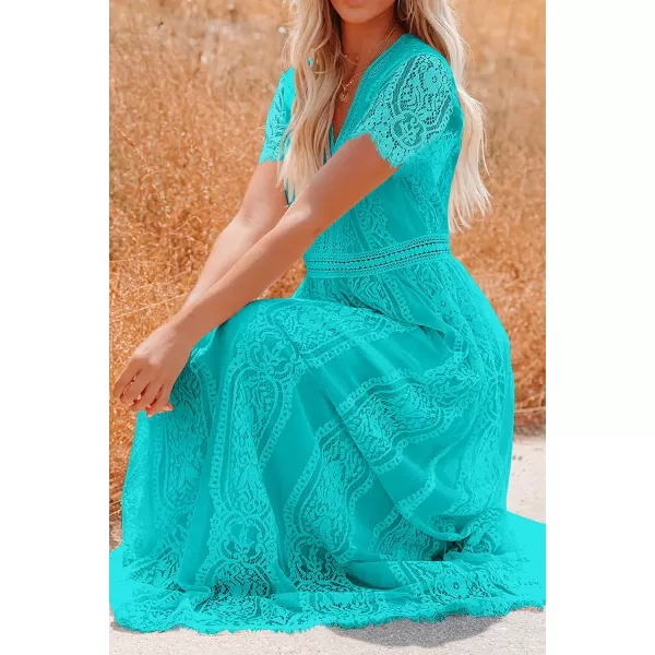 imagePRETTYGARDEN Womens Floral Lace Maxi Dress 2023 Short Sleeve V Neck Bridesmaid Wedding Evening Party DressesLake Blue