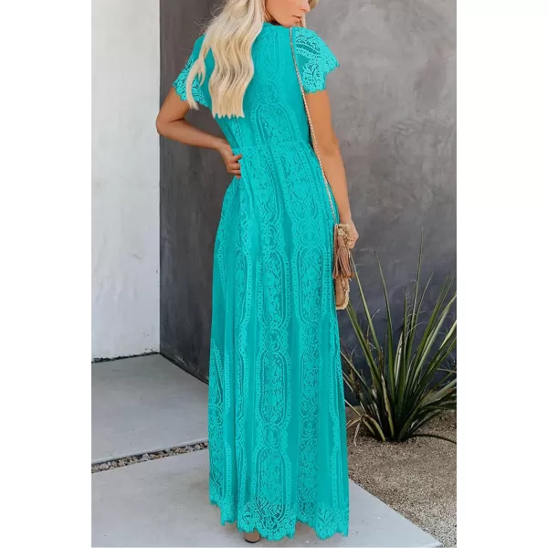imagePRETTYGARDEN Womens Floral Lace Maxi Dress 2023 Short Sleeve V Neck Bridesmaid Wedding Evening Party DressesLake Blue