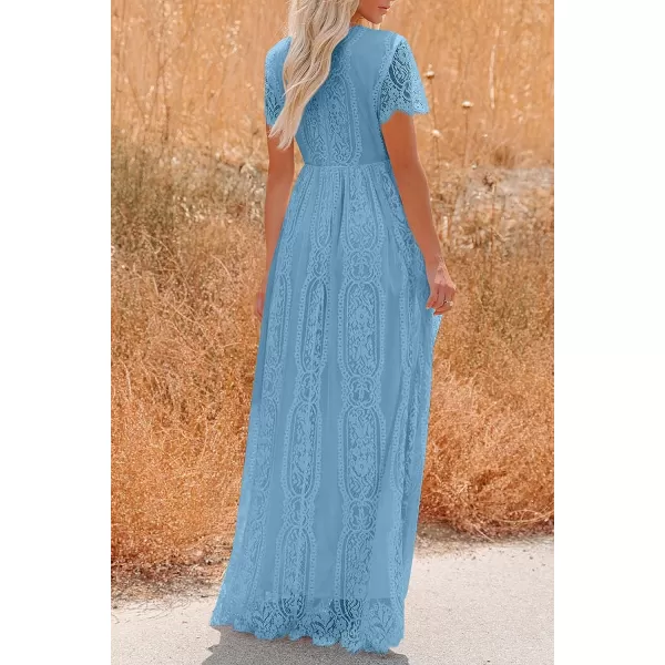 imagePRETTYGARDEN Womens Floral Lace Maxi Dress 2023 Short Sleeve V Neck Bridesmaid Wedding Evening Party DressesLight Blue