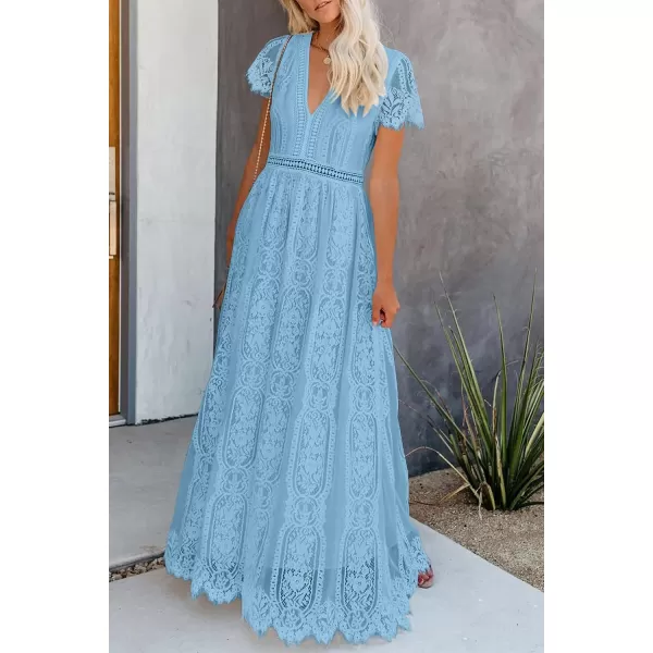 imagePRETTYGARDEN Womens Floral Lace Maxi Dress 2023 Short Sleeve V Neck Bridesmaid Wedding Evening Party DressesLight Blue