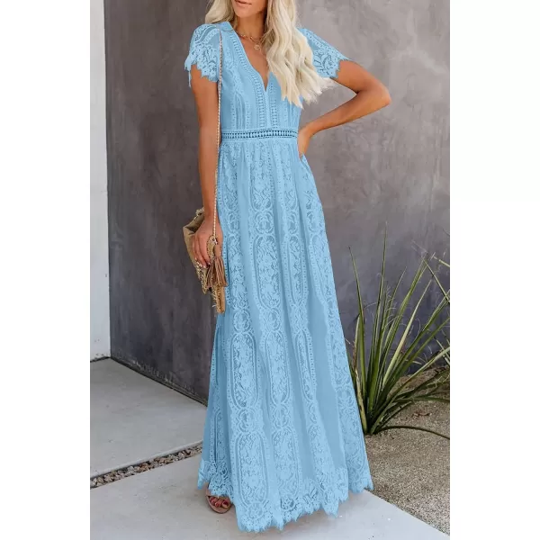 imagePRETTYGARDEN Womens Floral Lace Maxi Dress 2023 Short Sleeve V Neck Bridesmaid Wedding Evening Party DressesLight Blue