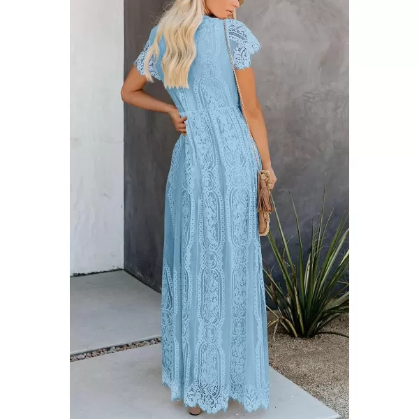 imagePRETTYGARDEN Womens Floral Lace Maxi Dress 2023 Short Sleeve V Neck Bridesmaid Wedding Evening Party DressesLight Blue