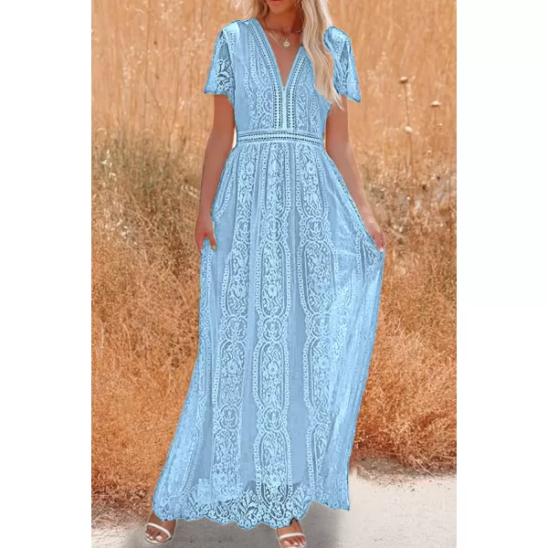 imagePRETTYGARDEN Womens Floral Lace Maxi Dress 2023 Short Sleeve V Neck Bridesmaid Wedding Evening Party DressesLight Blue