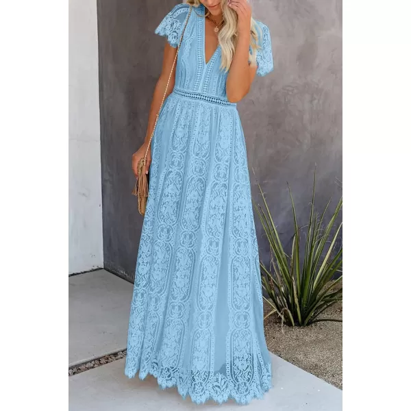 imagePRETTYGARDEN Womens Floral Lace Maxi Dress 2023 Short Sleeve V Neck Bridesmaid Wedding Evening Party DressesLight Blue