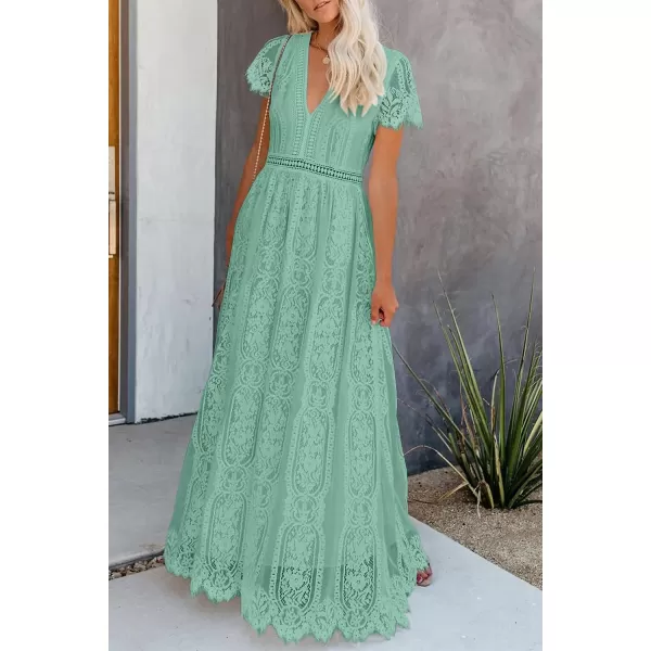 imagePRETTYGARDEN Womens Floral Lace Maxi Dress 2023 Short Sleeve V Neck Bridesmaid Wedding Evening Party DressesLight Green