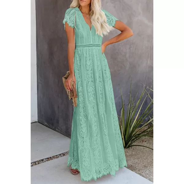 imagePRETTYGARDEN Womens Floral Lace Maxi Dress 2023 Short Sleeve V Neck Bridesmaid Wedding Evening Party DressesLight Green