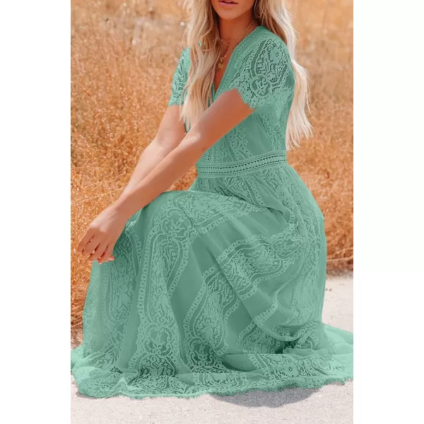 imagePRETTYGARDEN Womens Floral Lace Maxi Dress 2023 Short Sleeve V Neck Bridesmaid Wedding Evening Party DressesLight Green