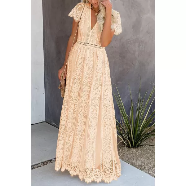 imagePRETTYGARDEN Womens Floral Lace Maxi Dress 2023 Short Sleeve V Neck Bridesmaid Wedding Evening Party DressesLight Yellow