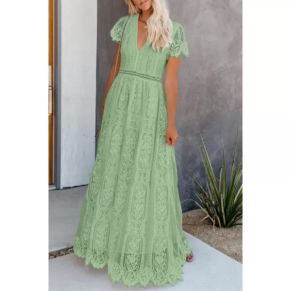 imagePRETTYGARDEN Womens Floral Lace Maxi Dress 2023 Short Sleeve V Neck Bridesmaid Wedding Evening Party DressesMint Green