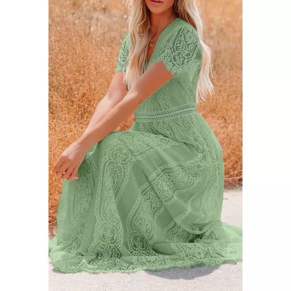 imagePRETTYGARDEN Womens Floral Lace Maxi Dress 2023 Short Sleeve V Neck Bridesmaid Wedding Evening Party DressesMint Green