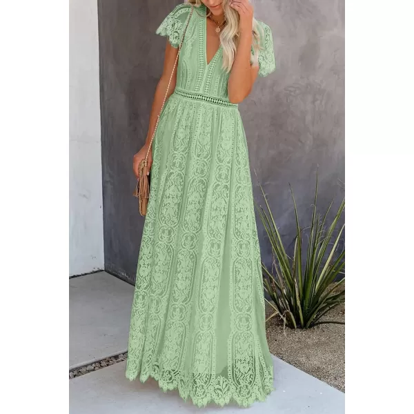 imagePRETTYGARDEN Womens Floral Lace Maxi Dress 2023 Short Sleeve V Neck Bridesmaid Wedding Evening Party DressesMint Green