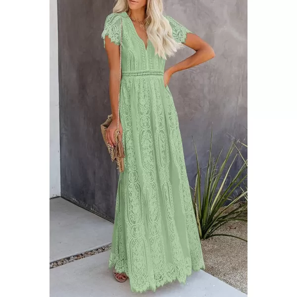 imagePRETTYGARDEN Womens Floral Lace Maxi Dress 2023 Short Sleeve V Neck Bridesmaid Wedding Evening Party DressesMint Green
