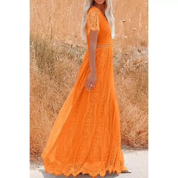 imagePRETTYGARDEN Womens Floral Lace Maxi Dress 2023 Short Sleeve V Neck Bridesmaid Wedding Evening Party DressesOrange