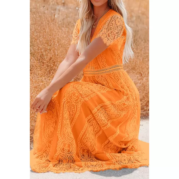 imagePRETTYGARDEN Womens Floral Lace Maxi Dress 2023 Short Sleeve V Neck Bridesmaid Wedding Evening Party DressesOrange
