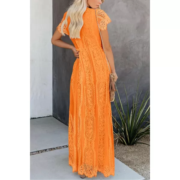 imagePRETTYGARDEN Womens Floral Lace Maxi Dress 2023 Short Sleeve V Neck Bridesmaid Wedding Evening Party DressesOrange