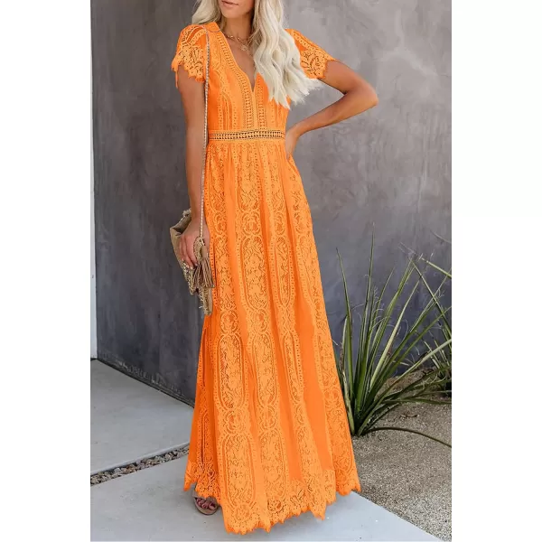 imagePRETTYGARDEN Womens Floral Lace Maxi Dress 2023 Short Sleeve V Neck Bridesmaid Wedding Evening Party DressesOrange