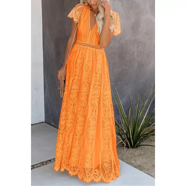 imagePRETTYGARDEN Womens Floral Lace Maxi Dress 2023 Short Sleeve V Neck Bridesmaid Wedding Evening Party DressesOrange